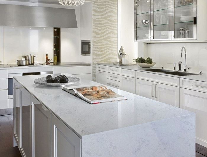white quartz with grey speckles bathroom